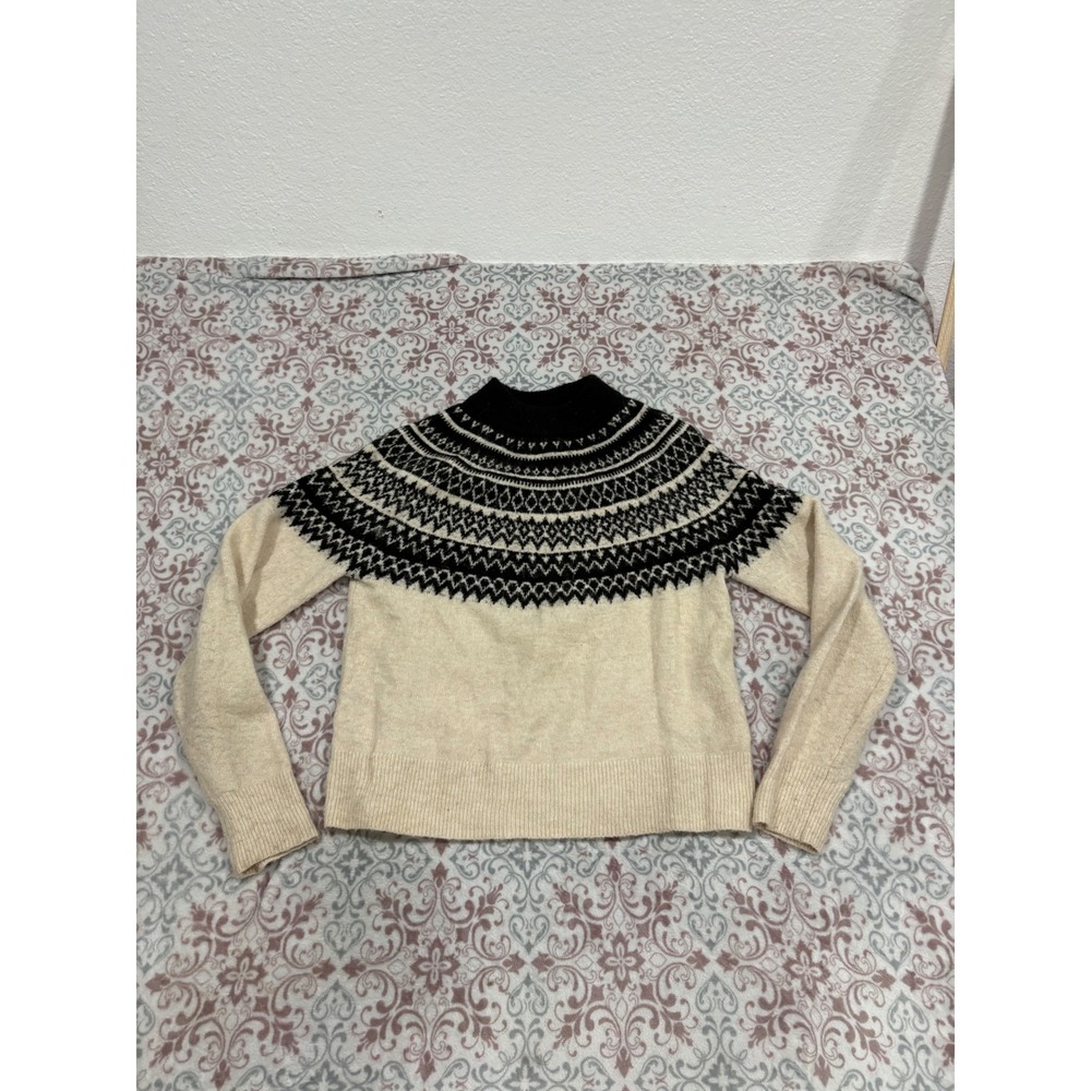 HM Womens XS Fair Isle Knit Sweater Cream Black Mock Neck Nordic Pullover